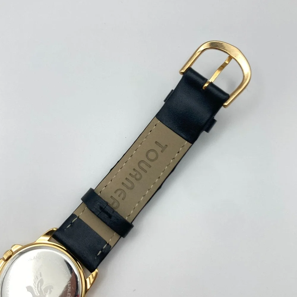 Tourneau Pegasus Watch Women 30mm Gold Tone Black Leather 30M New Battery 8.25